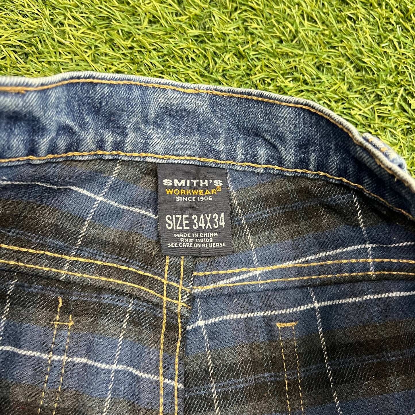 Smiths Workwear Blue Jeans Flannel Lining Size 34x34 USED v14764