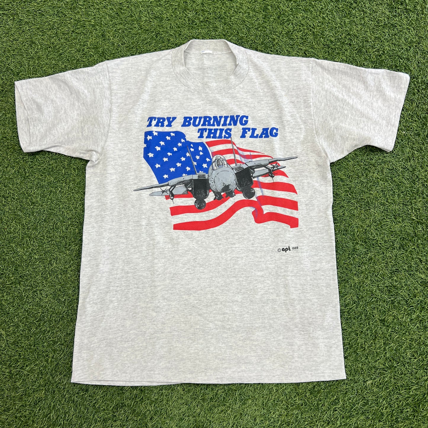 1989 Try Burning This Flag Fighter Jet Grey Tee Size Large USED v14724