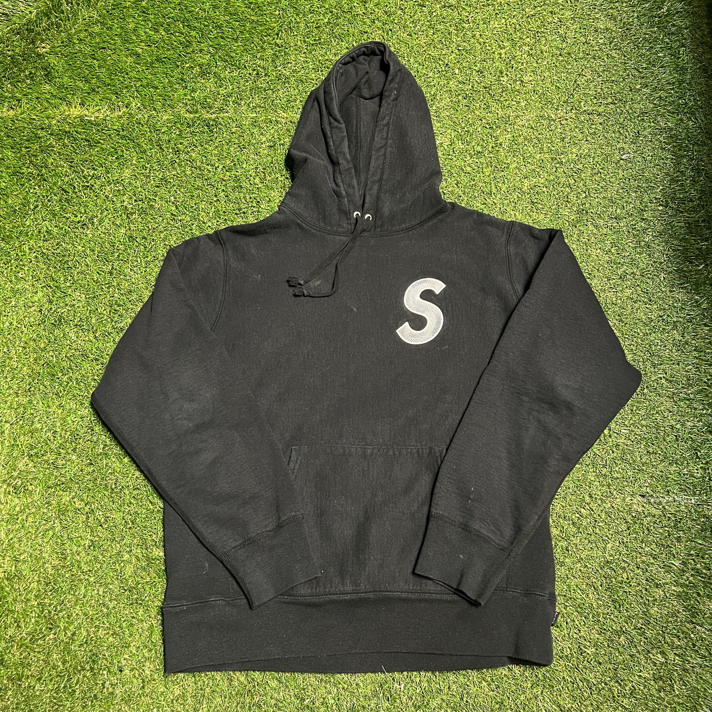 Supreme Stripped S Logo Black Hoodie Size Medium USED x11357