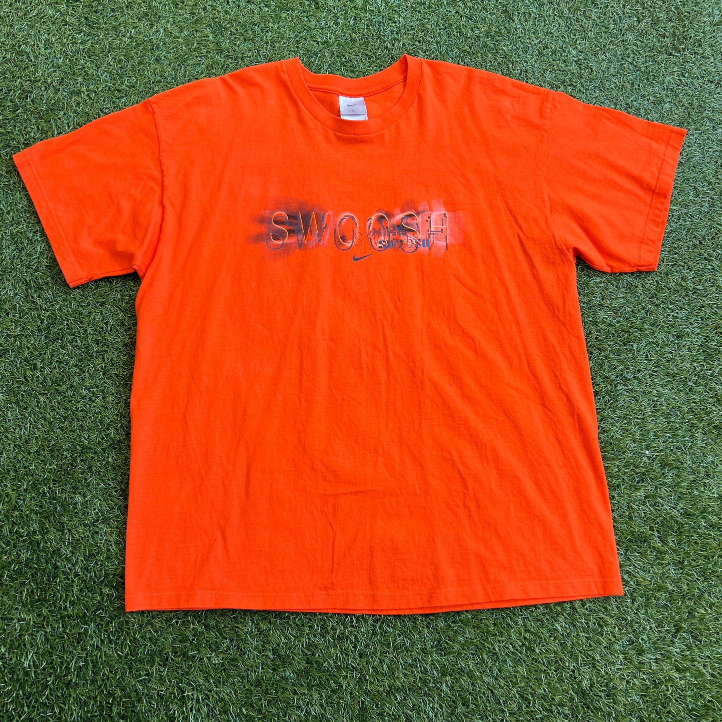 1990s Nike Swoosh Spellout Orange Tee Size XL USED v15746