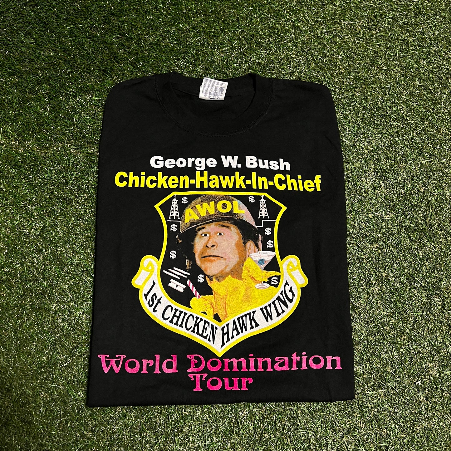 Y2K George Bush Chicken Hawk in Chief Black Tee Size Medium USED v15776