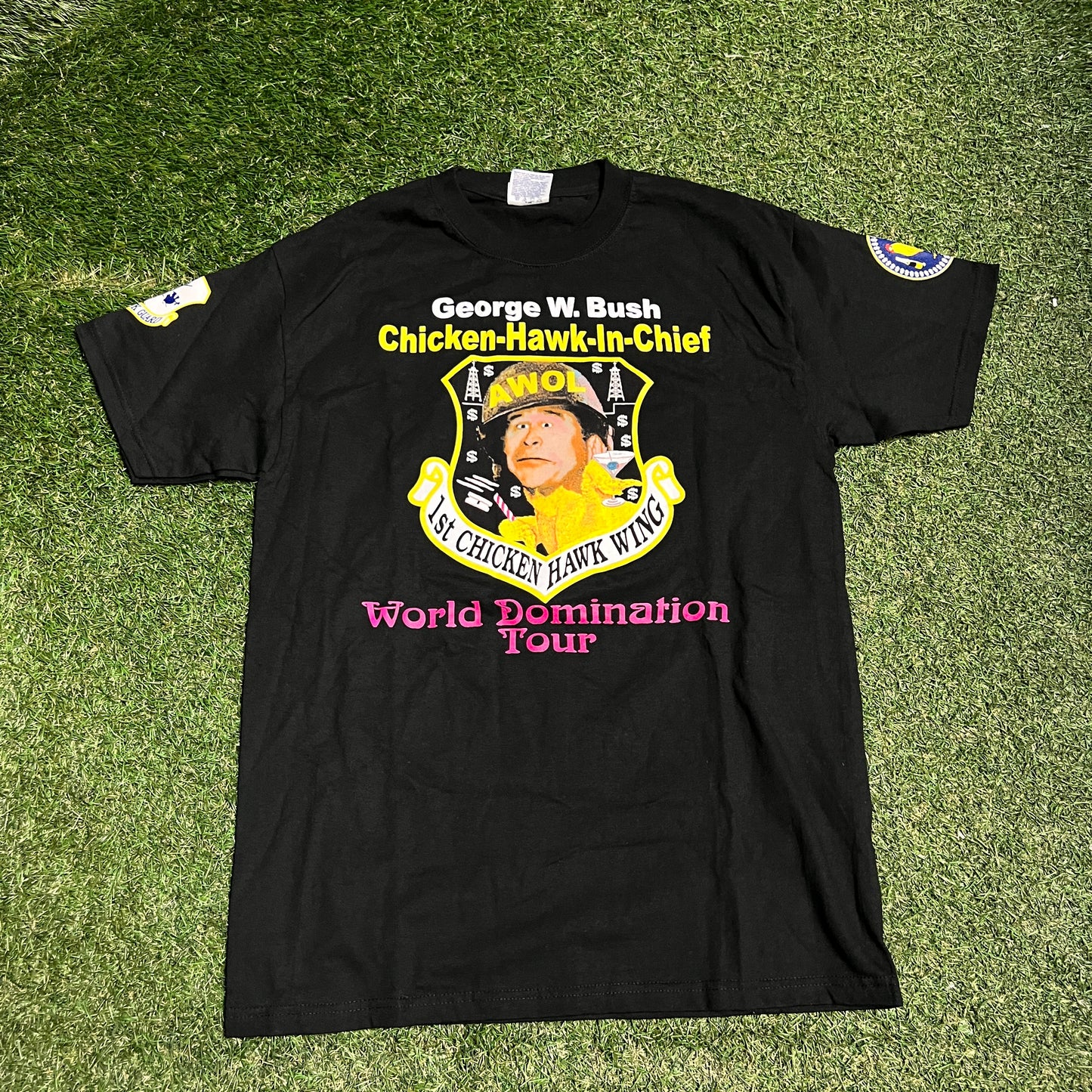 Y2K George Bush Chicken Hawk in Chief Black Tee Size Medium USED v15776