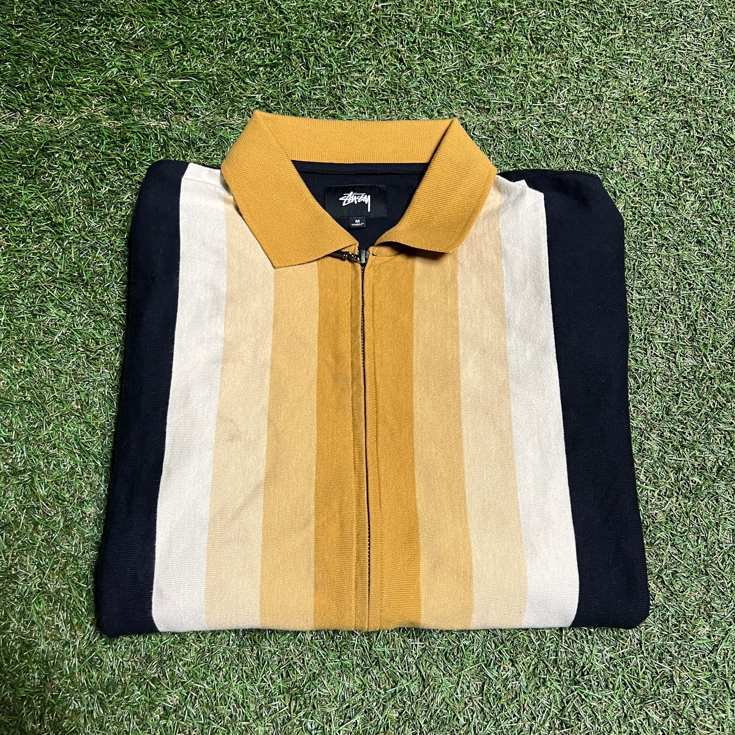Stussy Collared Yellow Stripe Zip Up Long Sleeve Black Size Medium Used x12285