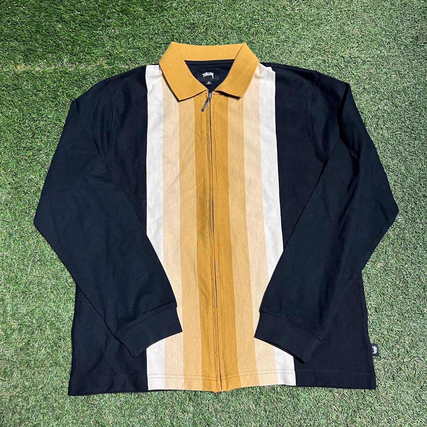 Stussy Collared Yellow Stripe Zip Up Long Sleeve Black Size Medium Used x12285
