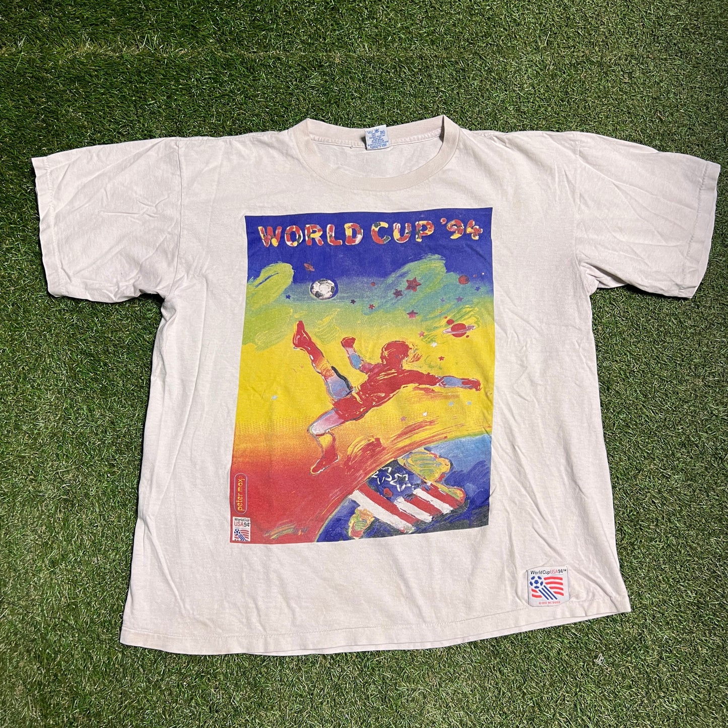 1994 World Cup Peter Max Stamp White Tee Size Large USED v14057