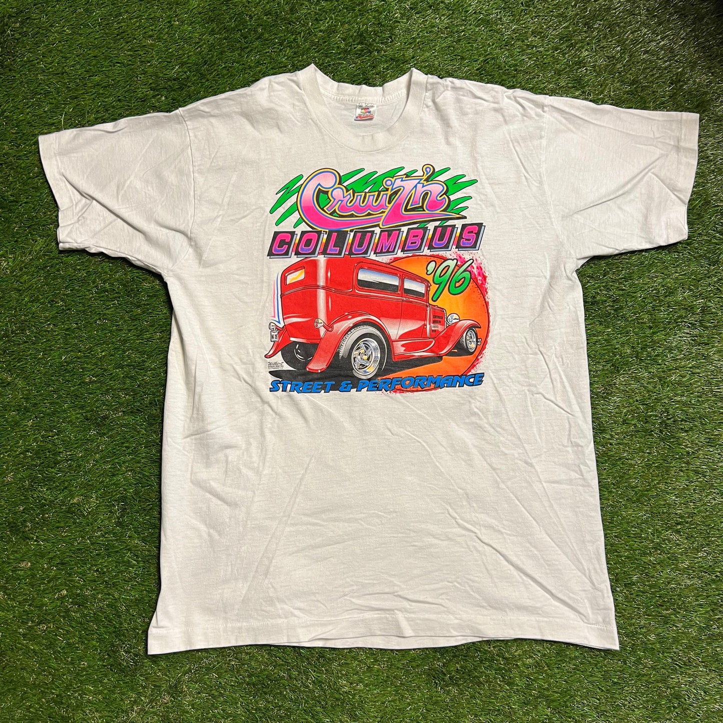 Cruzin Columbus Racing Tee 1990s White Tee Size XXL USED v11668