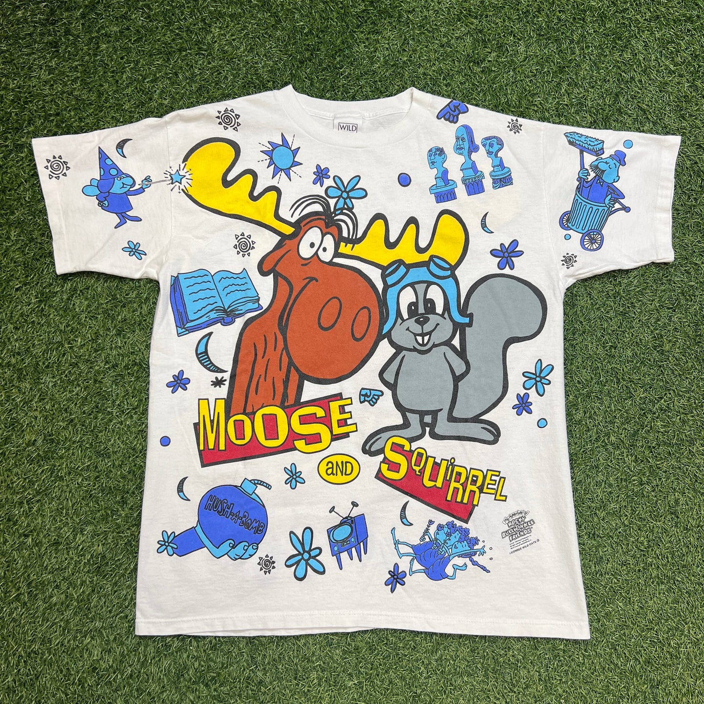 1993 The adventures of Rocky and Bullwinkle and Friends Moose and Squirrel AOP tee wild oats tag Size Large USED