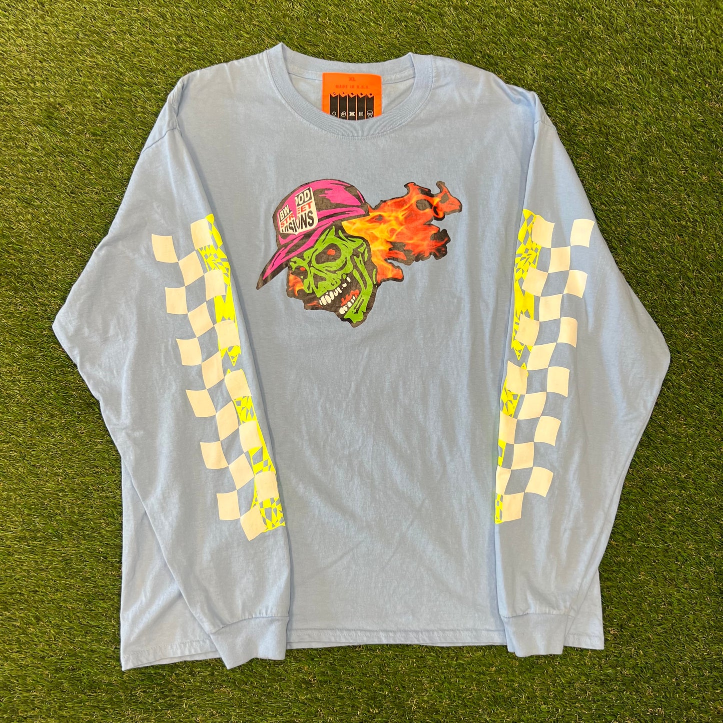 Live Gooney Die Saints Skeleton Flame Blue Long Sleeve Size XL USED v12567