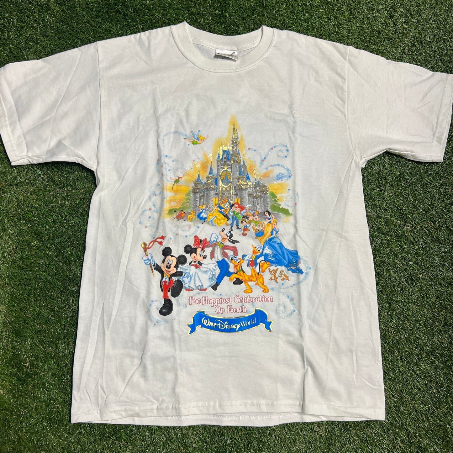90's Walt Disney World White Glitter Tee Size Large USED v13200