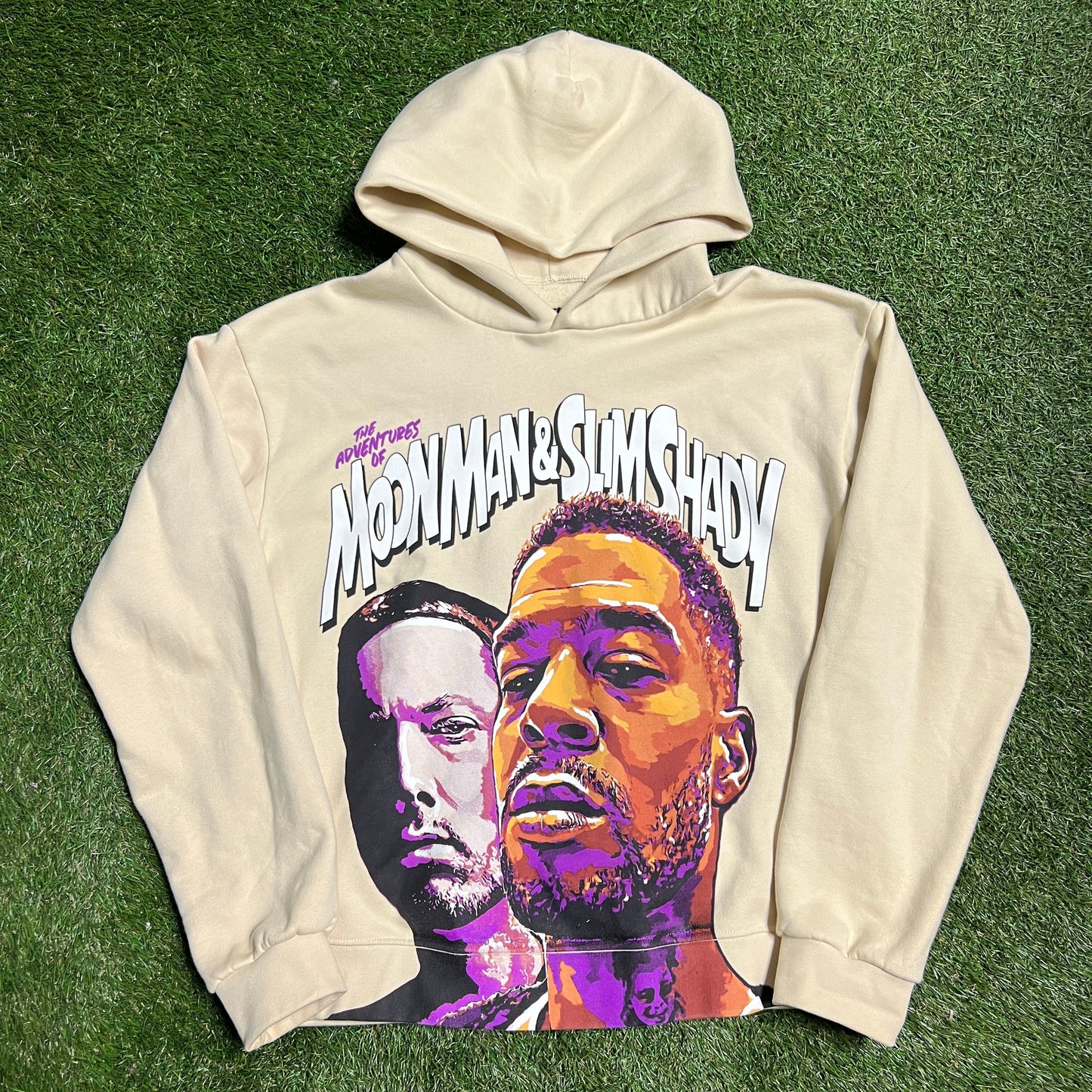 Kid Cudi Moon Man & Slim Shady Cream Hoodie Size Large USED x10072
