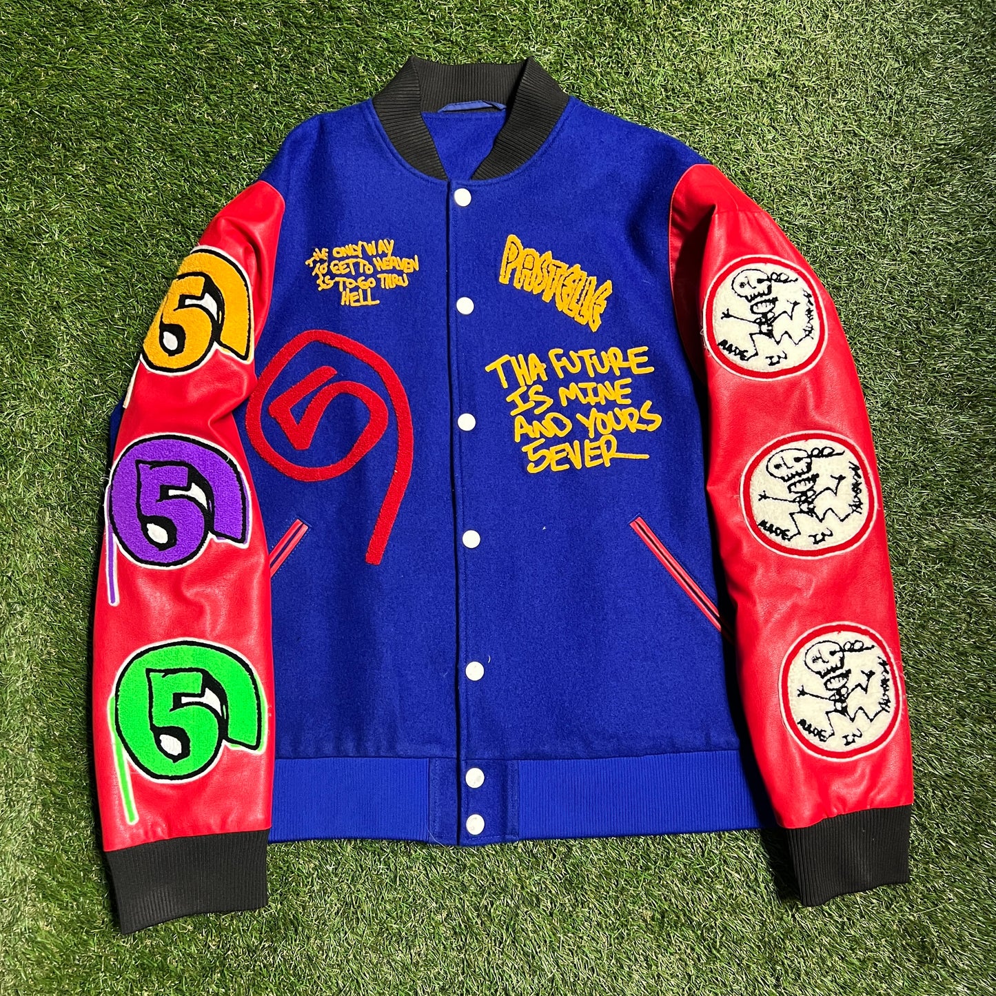 5AM Rosa Pastelle Blue/Red Varsity Jacket Size 2X USED x5319