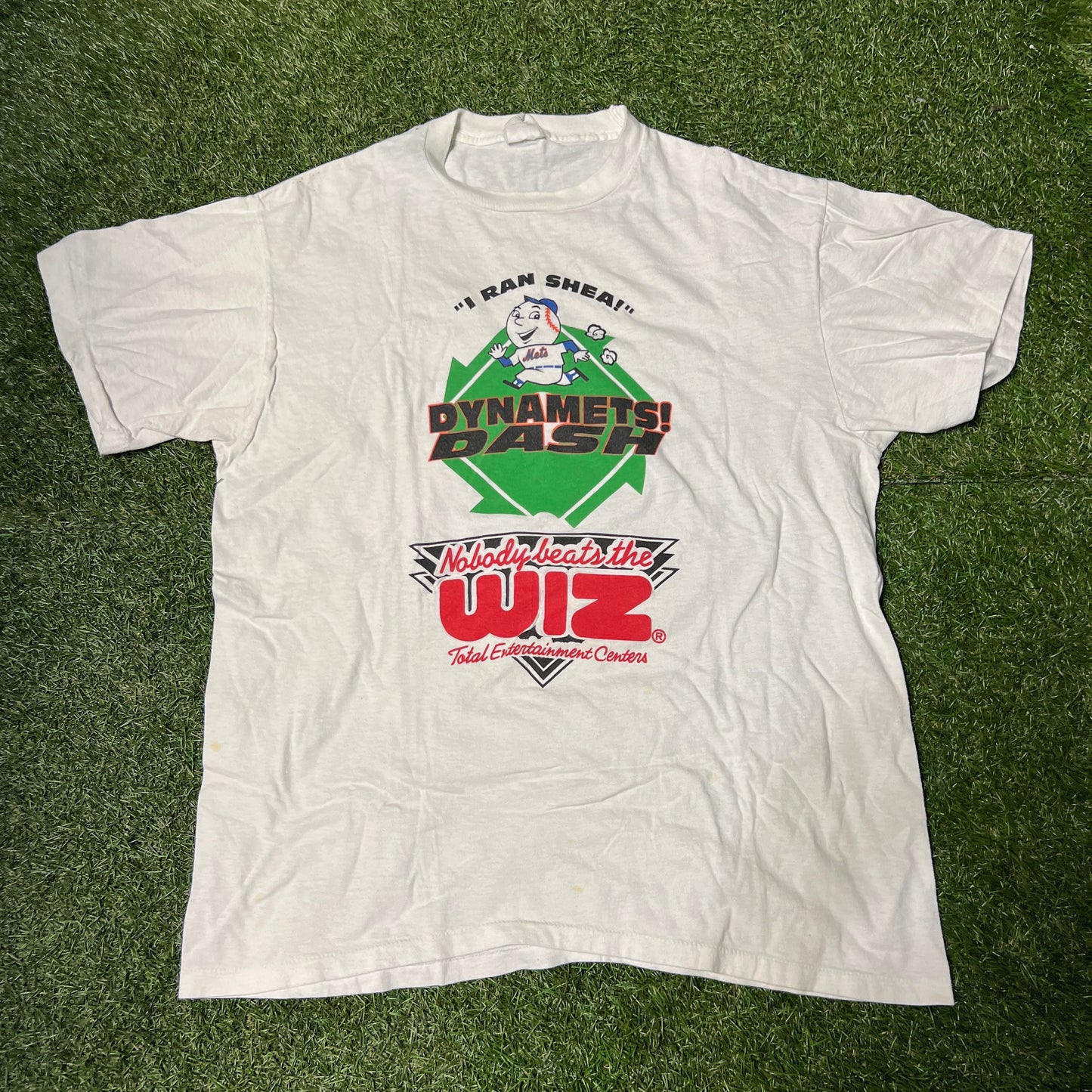 1990's Mets Dynamets Dash White Tee Size Large USED v13578