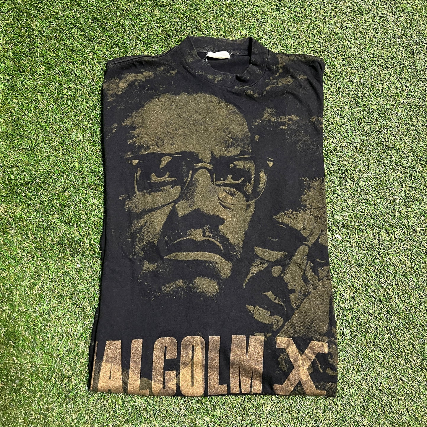 1990s Malcom X Glitter AOP Black Tee Size XL USED v13777