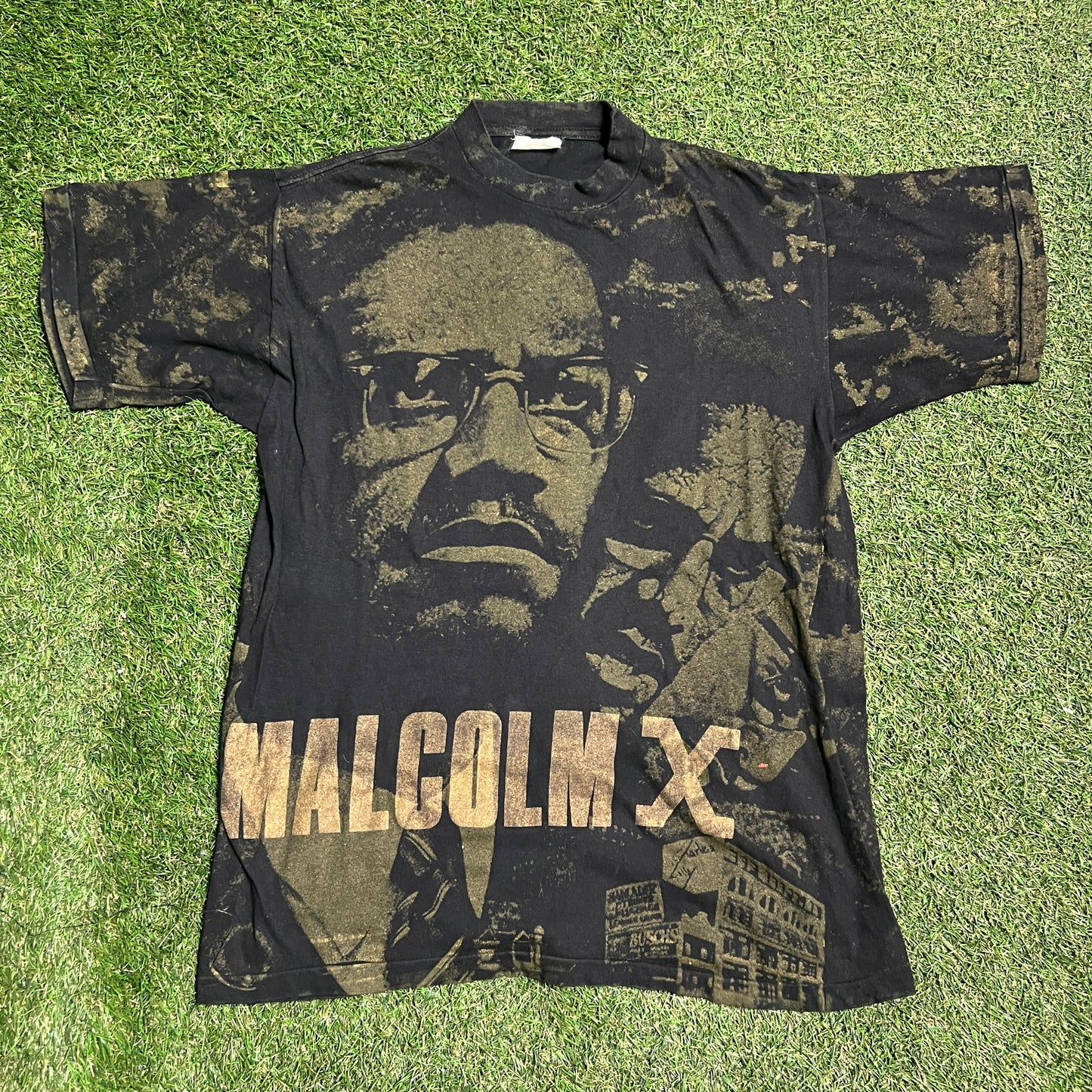 1990s Malcom X Glitter AOP Black Tee Size XL USED v13777