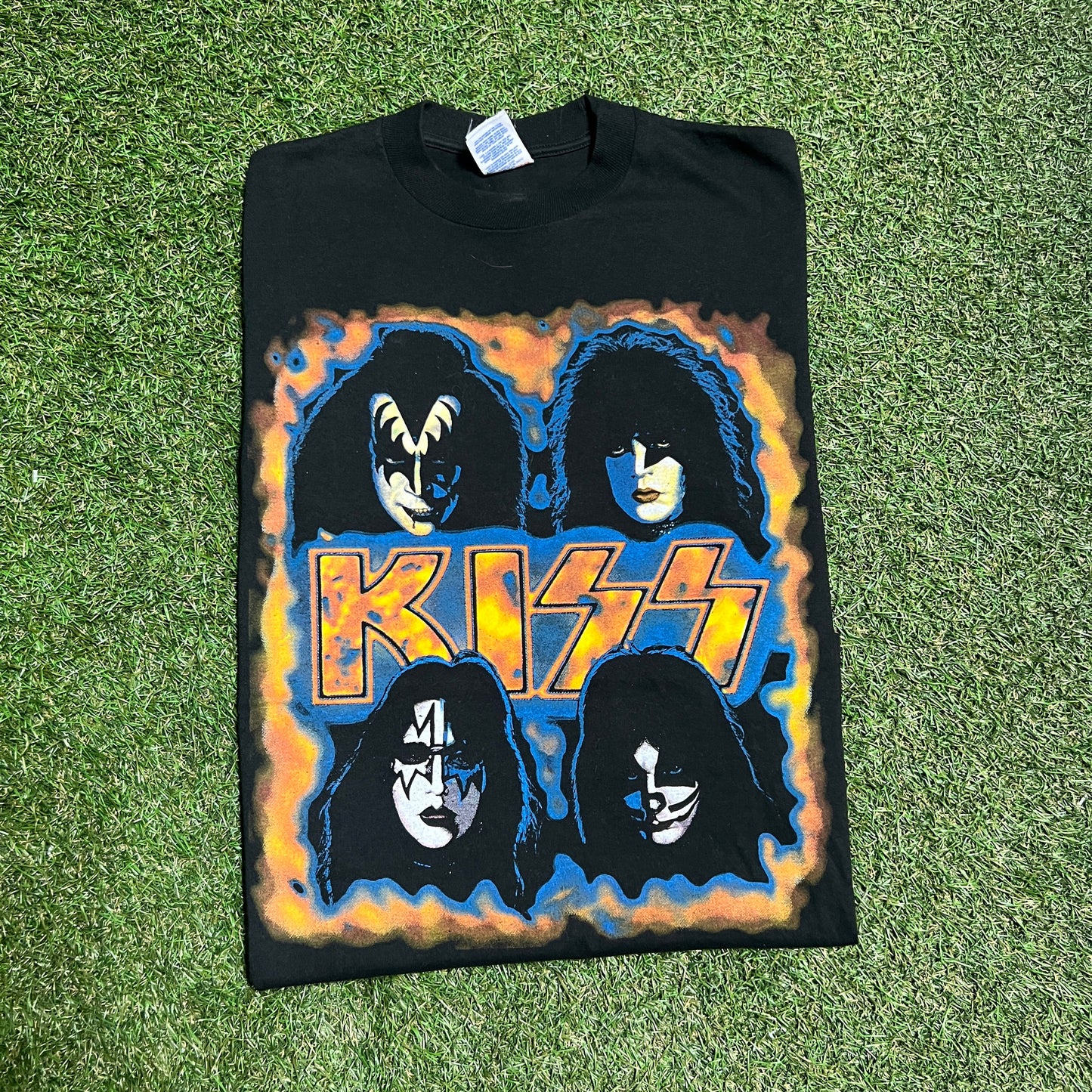 1996 Kiss Tour 4 Faces in Flames Black Tee Jerzees tag Size Large USED v13846