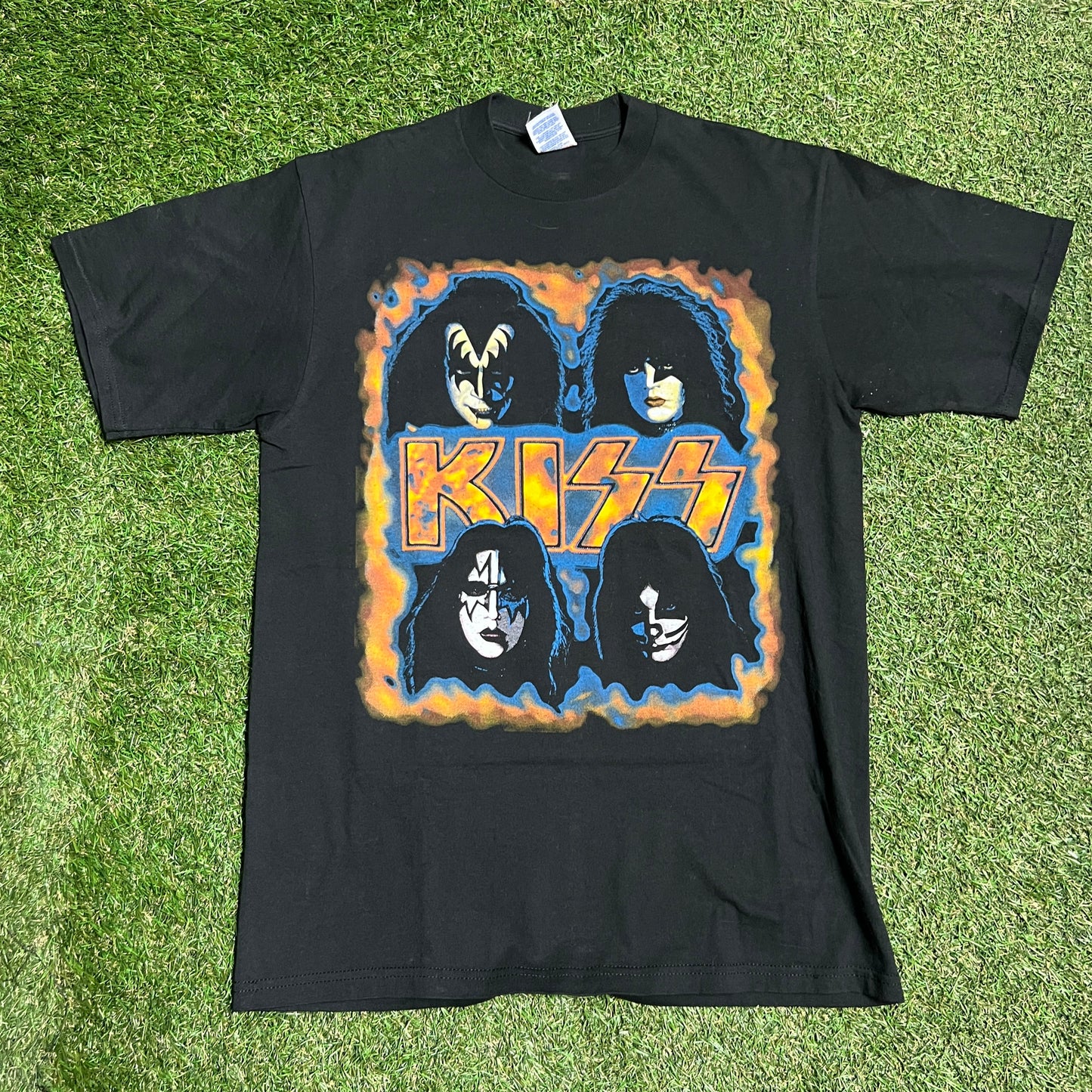 1996 Kiss Tour 4 Faces in Flames Black Tee Jerzees tag Size Large USED v13846