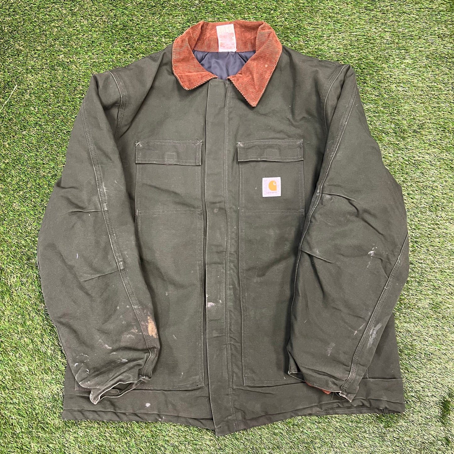 Carhartt Quilted Work Jacket Green Corduroy Collar Size XXL USED v10684
