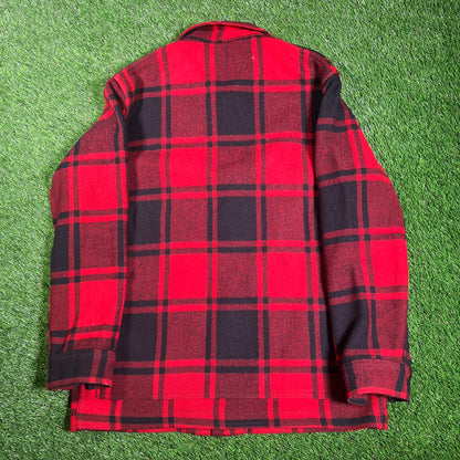 1960s Pendleton Red/Black Plaid Button Up Wool Button Up Size Large USED v18205