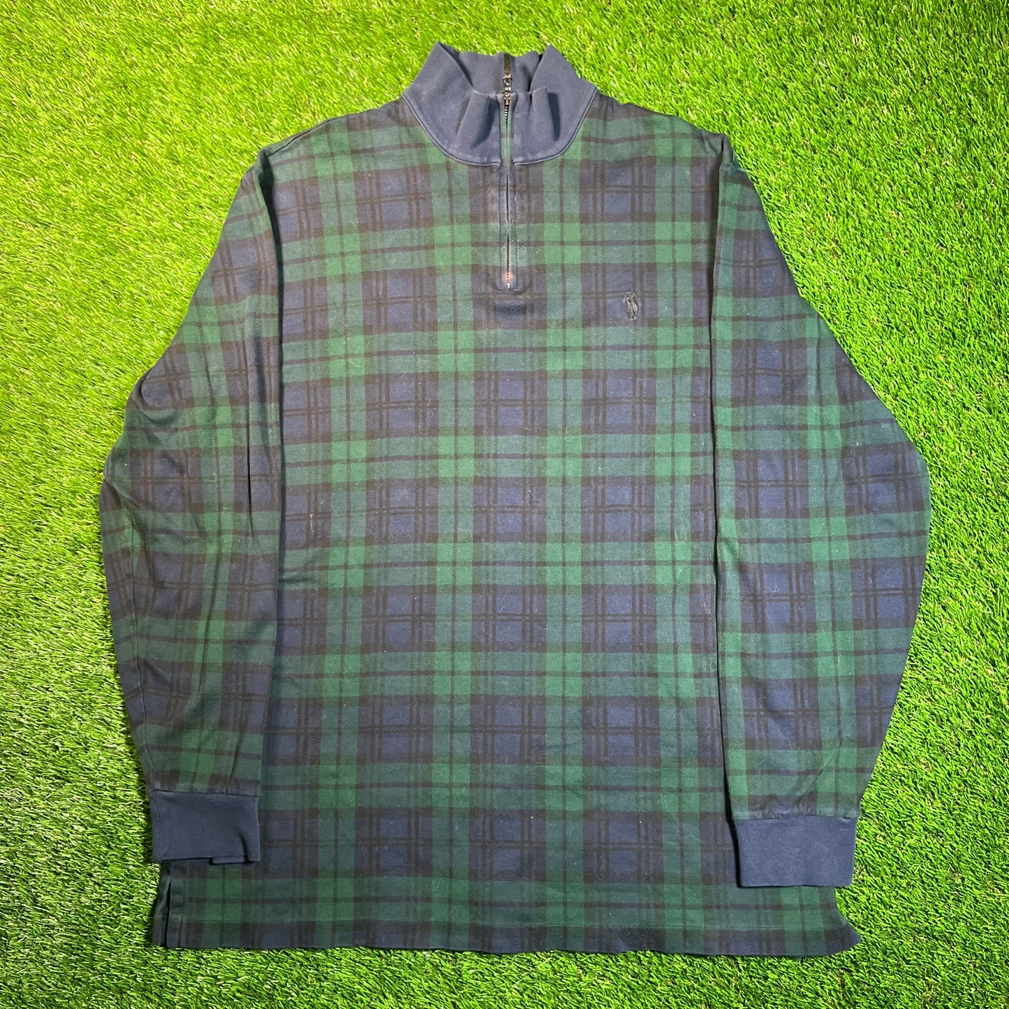 1990s Ralph Lauren Polo Golf Green Plaid Half Zip Crewneck Size Large USED v18882
