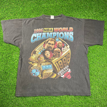 1996 "World Champions" Chicago Bulls Black Rap Tee Size XXL USED v18516