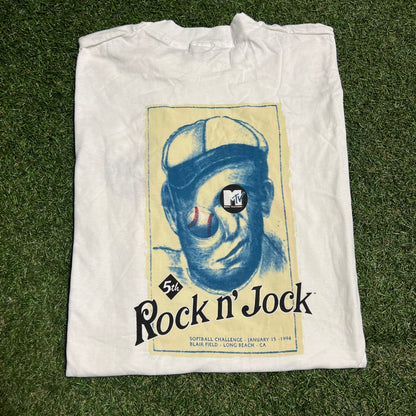 1990s MTV Rock n Jock Softball White Tee Size XL USED v16150