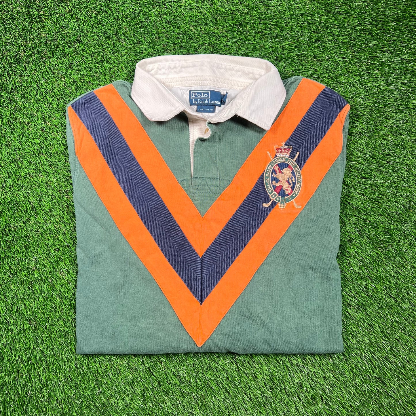 Y2K Polo Ralph Lauren Orange Green Crest Polo Size XL USED v18671