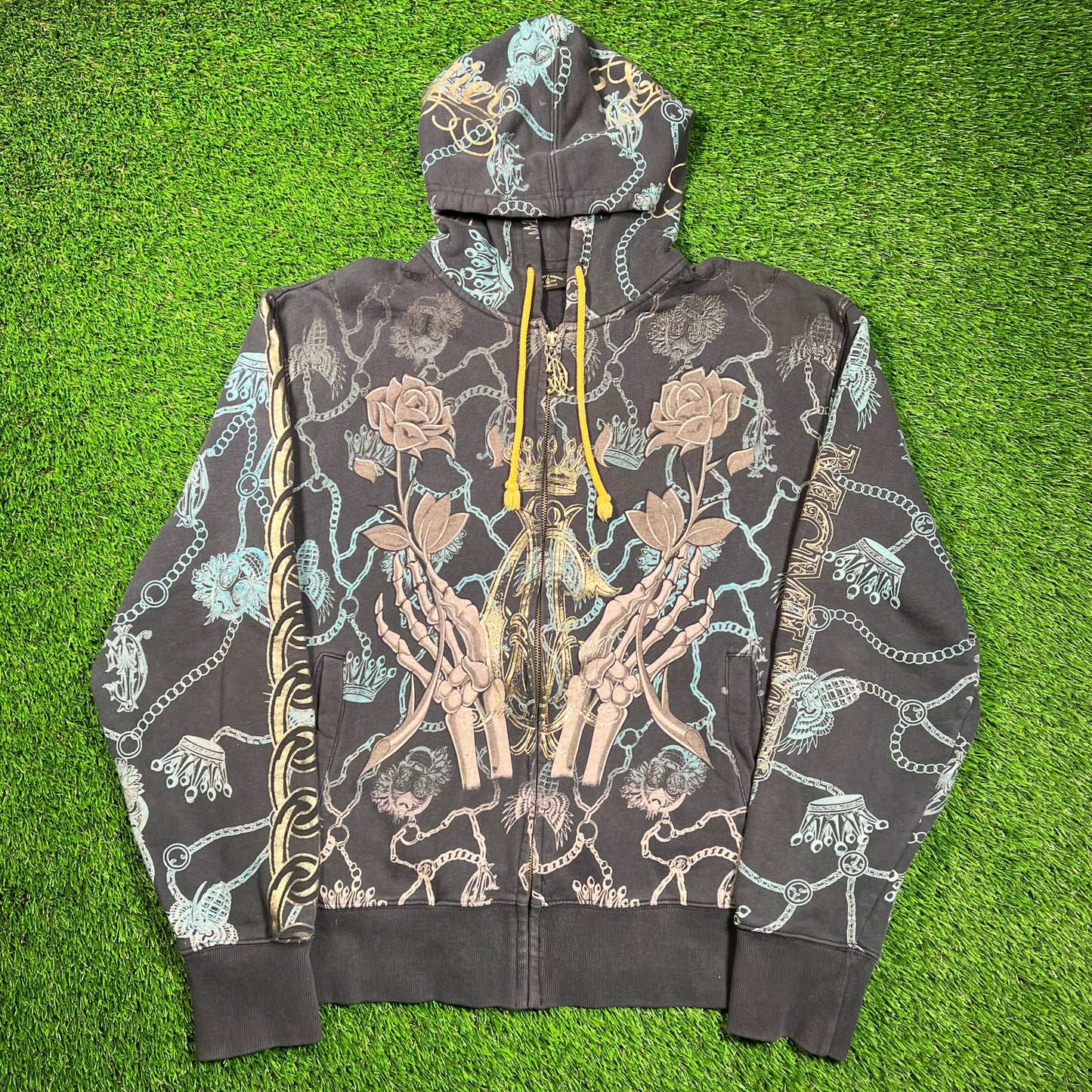 Christian Audigier Black AOP Hoodie Size Large USED x16687