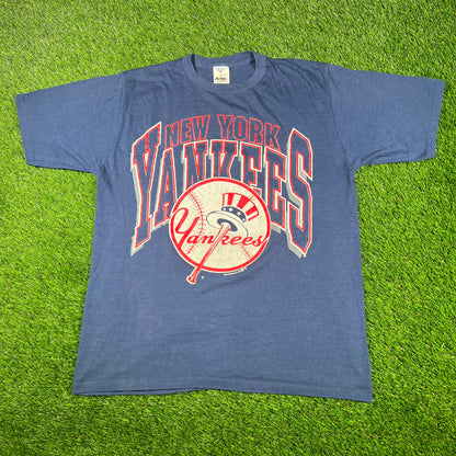 1991 New York Yankees Spellout Classic Logo Navy Tee Size Large USED v16980