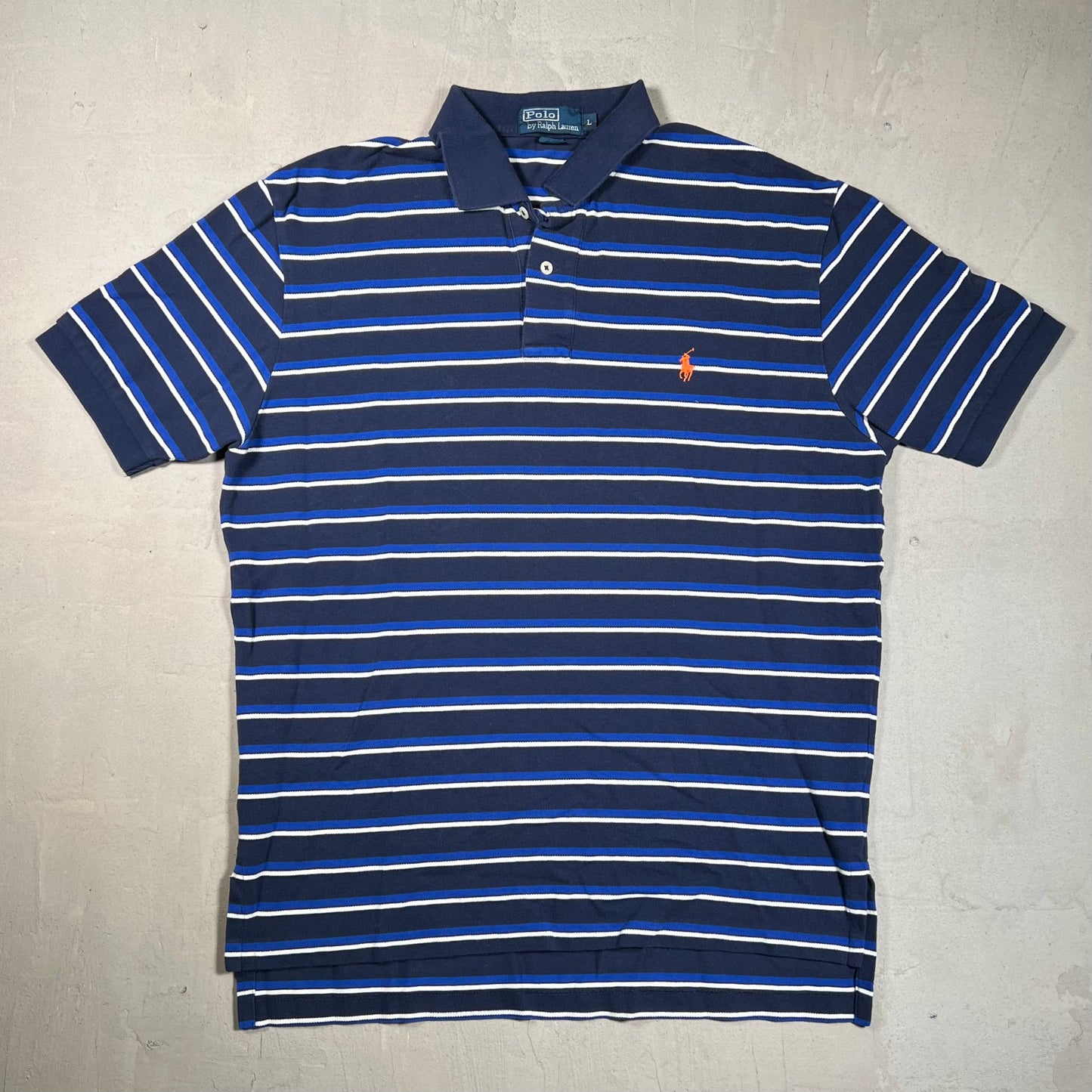 Y2K Polo Ralph Lauren Navy Striped Short Sleeve Polo Size Large USED v19353
