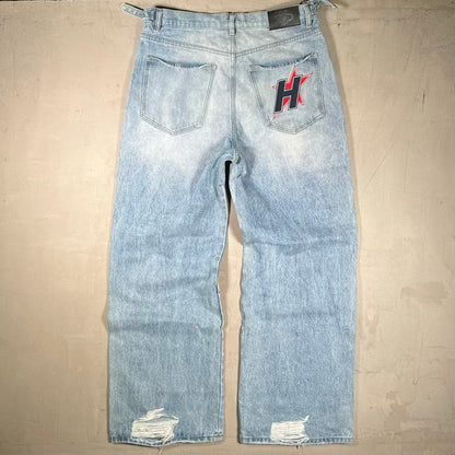 HMDD Blue Wash H Star Rhinestone Baggy Denim Jeans Size XL USED x18951