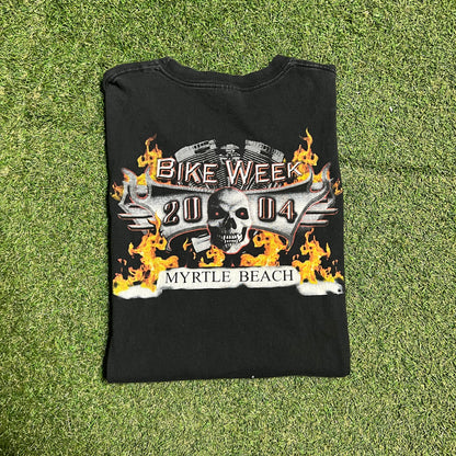 2004 Bike Week Myrtle Beach Skull & Flames Black Tee Size XL USED v16279