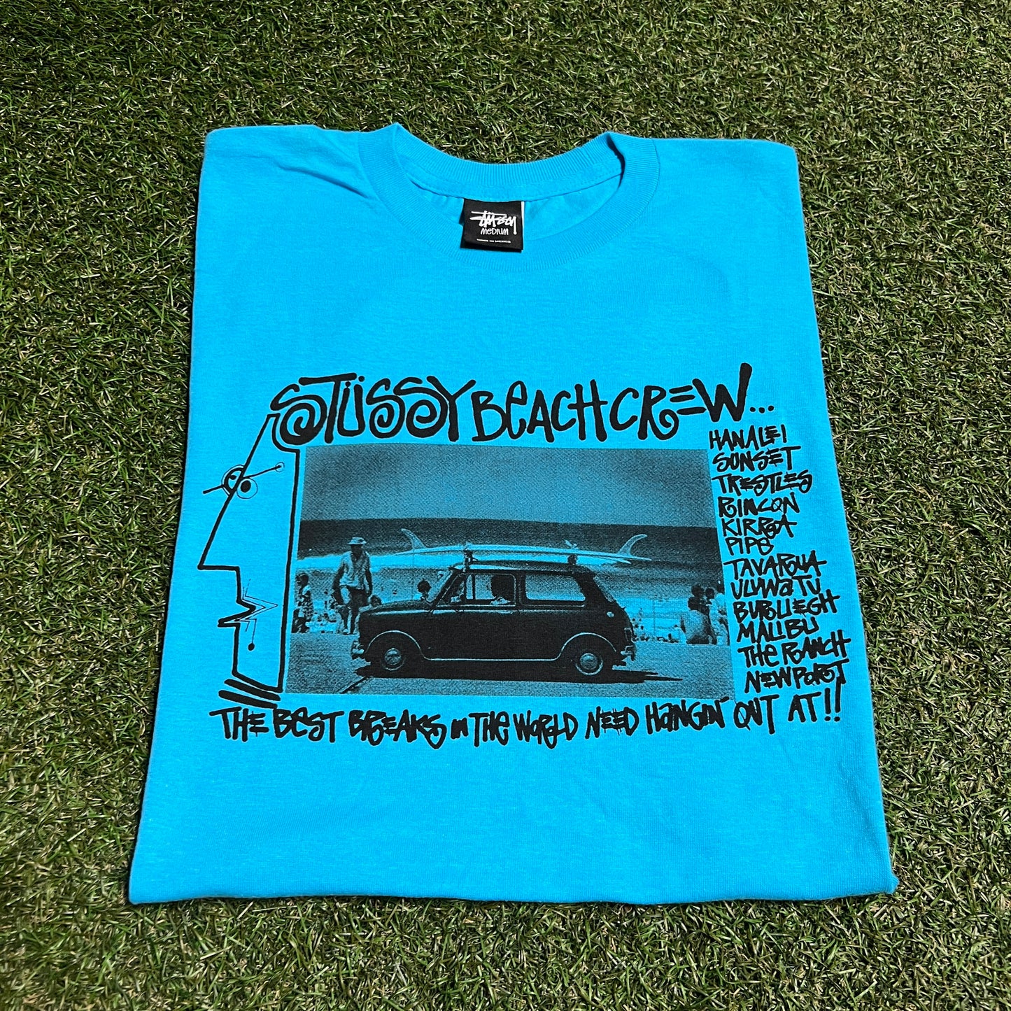 Stussy Blue Beach Crew Tee Size Medium USED x14087