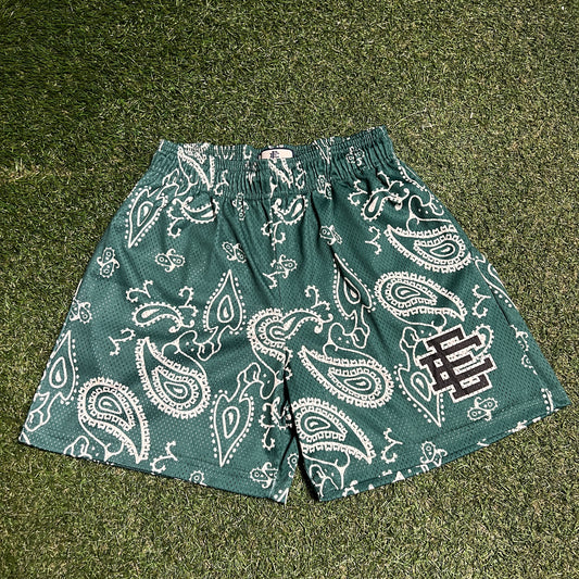 Eric Emanuel Black Logo Green Banadana Shorts Size Medium USED x14112