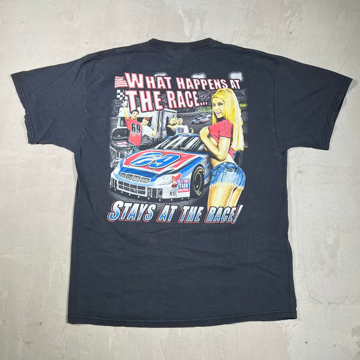 Y2K Racing Nascar What Happens At The Race Black Tee Size Large USED v20052