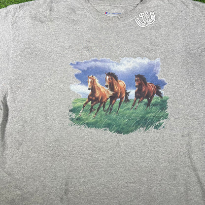 1990s Champion Running Horses Cropped Grey Tee Size XXL USED V17464