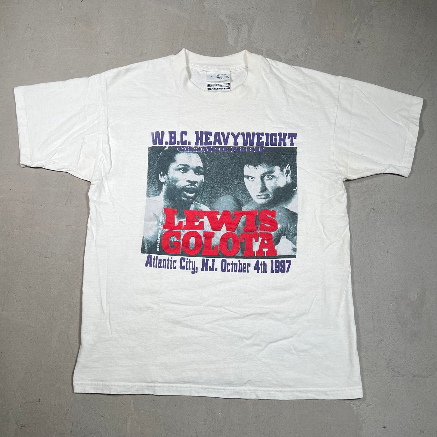 1997 W.B.C Heavyweight Championship Lewis Vs Golota White Tee Size Large USED v19525