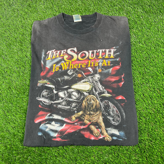 1990s Motorcycle The South Is Where Its At Black Tee Size Large USED v16792