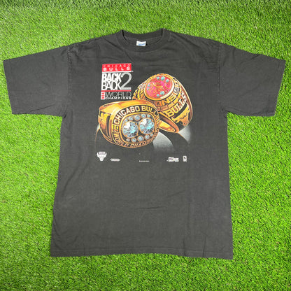 1992 Chicago Bulls Back 2 Back Champs Rings Salem Tag Black Tee Size XL USED v16737