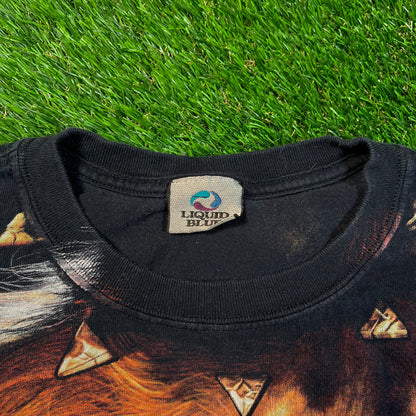 2004 Liquid Blue AOP Lion Black Tee Size Large USED v18814
