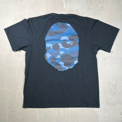 Bape Big Ape Head Blue Camo Black Tee Size Large USED x18936