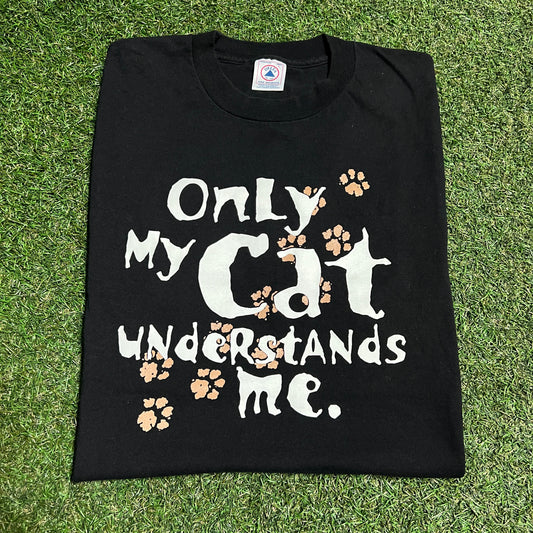1990s Only My Cats Understand Me Black Tee Size Large USED v16491