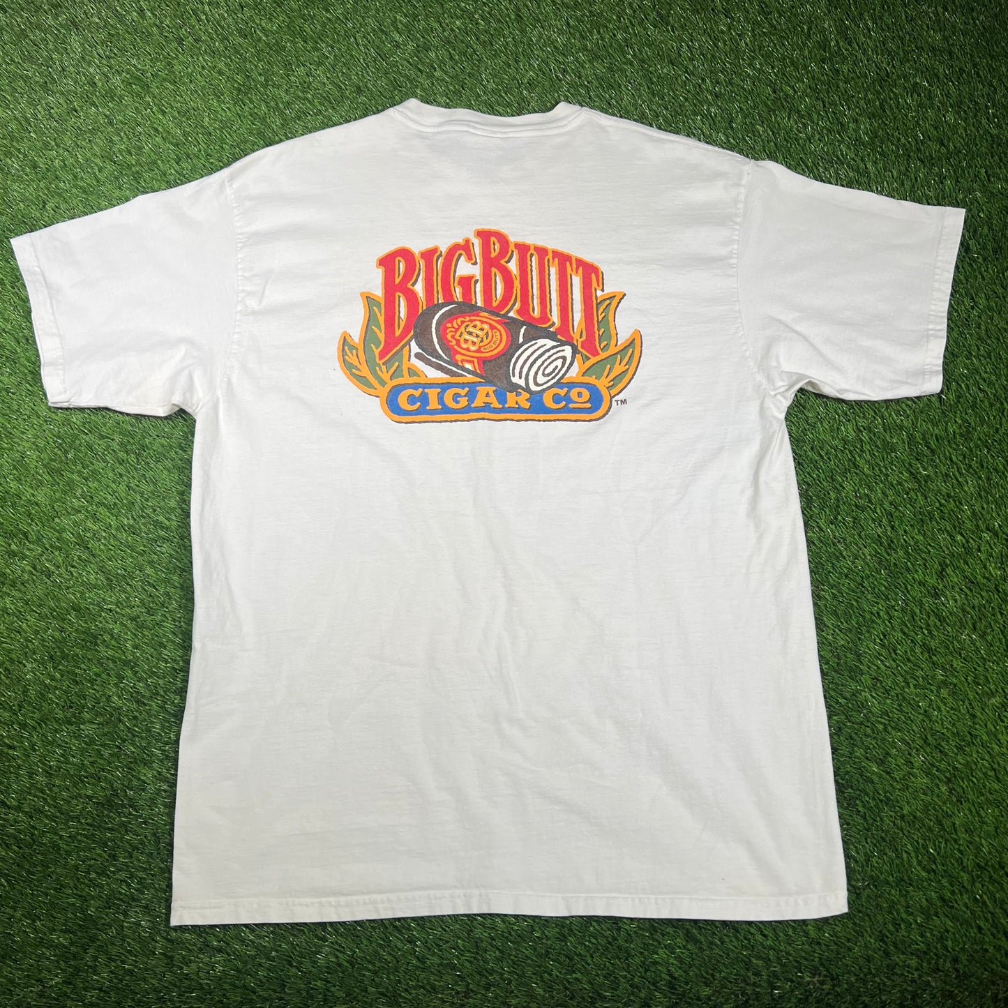 1990s Big Butt Cigars White Logo Tee Size XL USED v17381