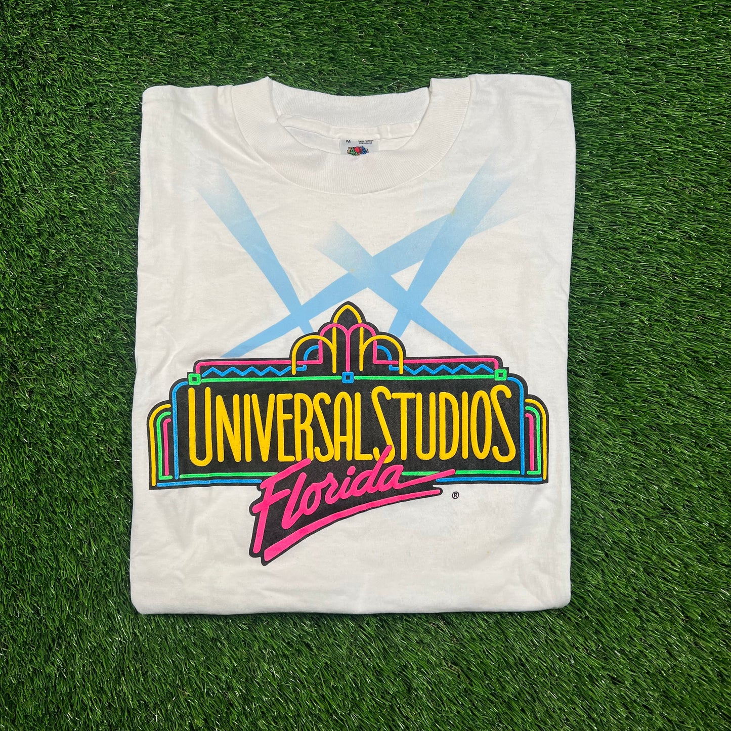 1990's Neon Logo Universal Studios Florida White Tee Size Medium USED v18286