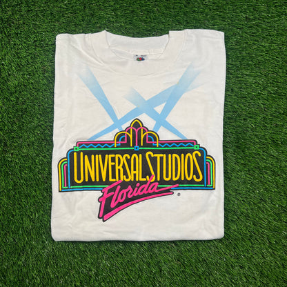 1990's Neon Logo Universal Studios Florida White Tee Size Medium USED v18286