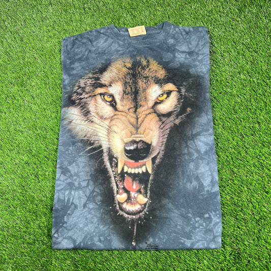 1999 Wolf The Mountain Blue Tie Dye Tee Size Large USED v16772
