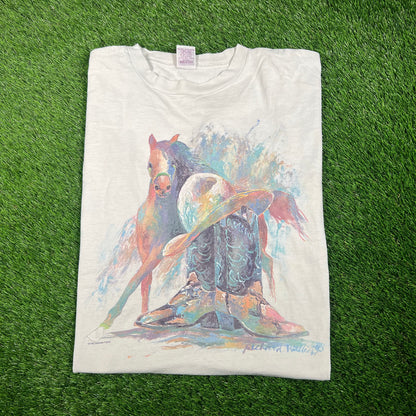 1992 Water Color Horse Hat Boots White Tee Size XL USED v17723