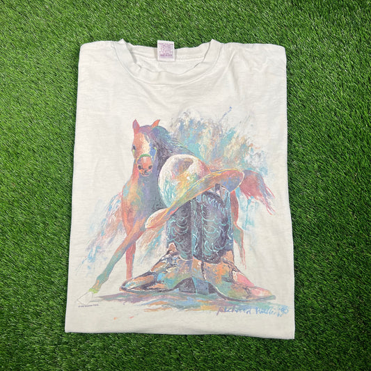 1992 Water Color Horse Hat Boots White Tee Size XL USED v17723