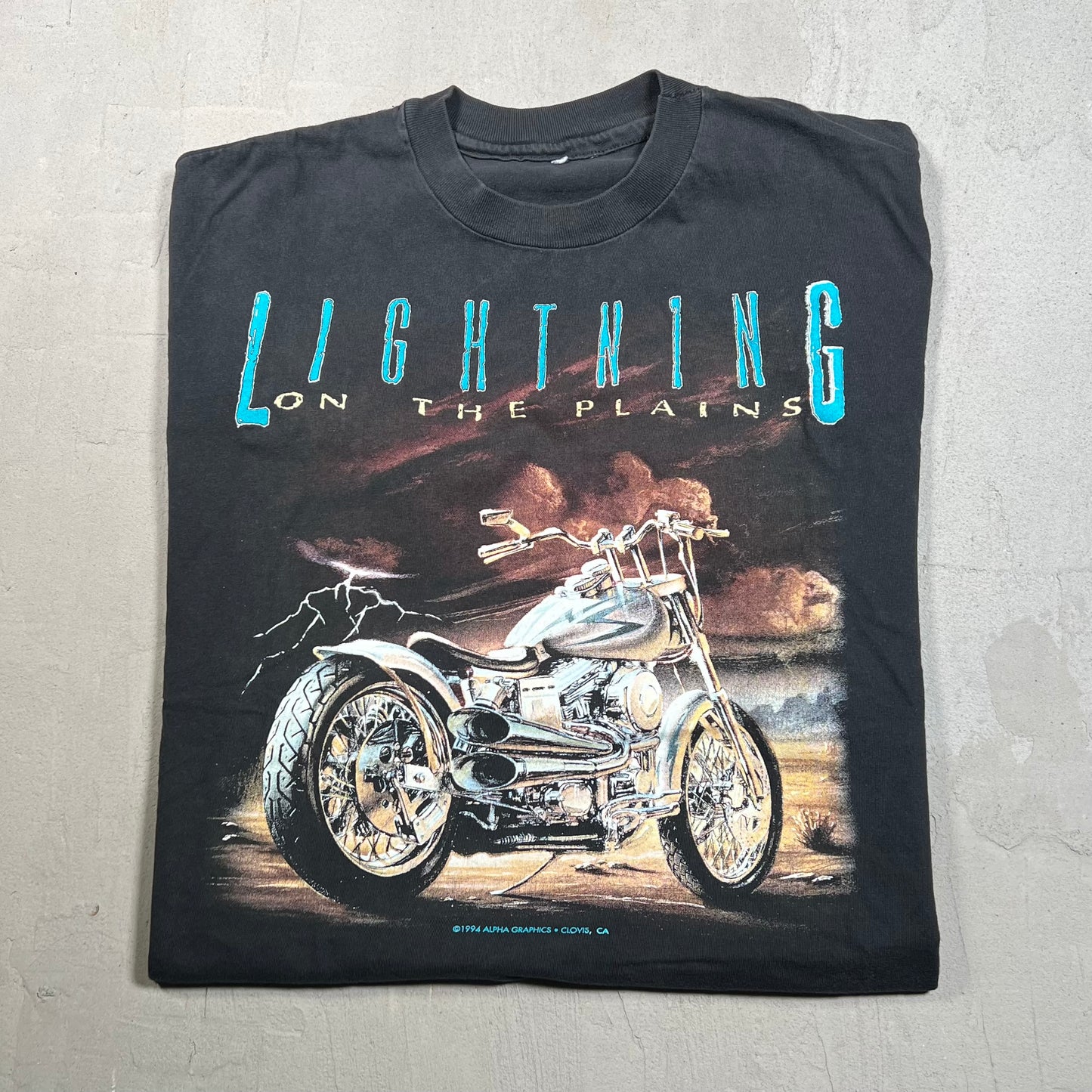 1994 "Lightning on the Plains" Black Motorcycle Tee Size Large USED v19367