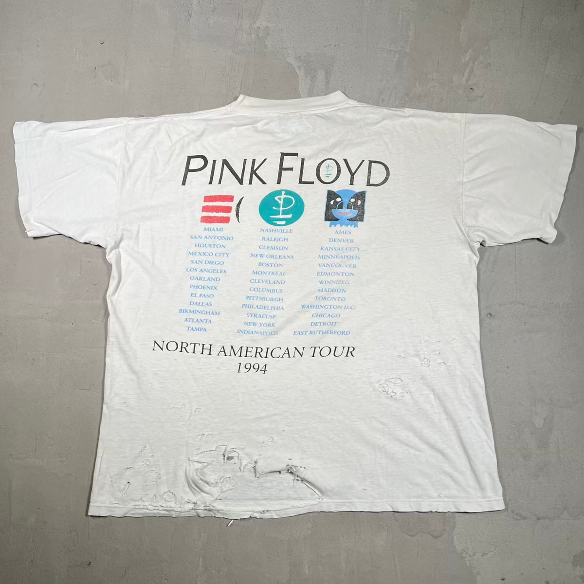 1994 Pink Floyd North American Tour White Trashed Tee Size XL USED v20161