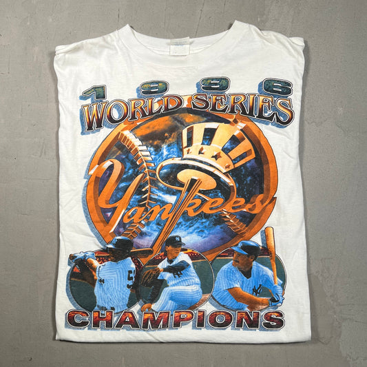 Evans Tag 1996 World Series Champions Gold Logo 3 Players White Tee Size Large USED v14141